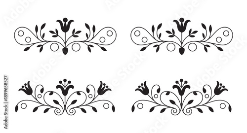 Set of four ornate floral dividers with stylized flowers leaves and swirling tendrils elegant accents
