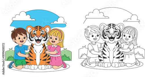 Cute Cartoon Kids Hugging Friendly Tiger, Happy Little Boy and Girl Sitting with Wild Animal, Vector Illustration for Children
