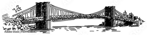 Panoramic sketch of a large suspension bridge crossing the river