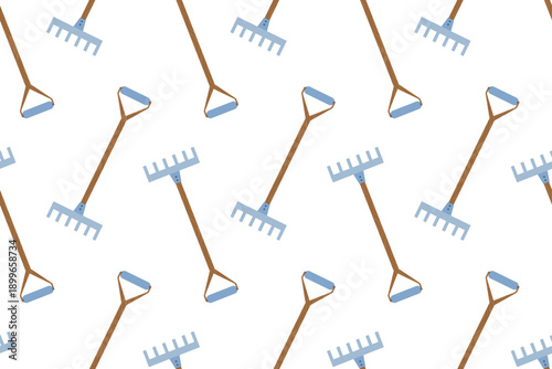 Seamless pattern with garden rakes. Summer series of flat illustrations. Tools for growing plants, gardening, and vegetable gardening.