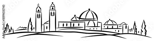 panoramic skyline sketch of an old city with domes and towers