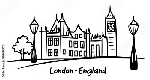 Cartoon style sketch of London city landmark with text and lanterns