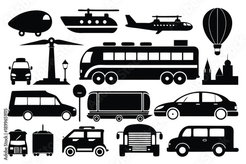 Transportation icons set vehicles airplane bus car helicopter travel collection
