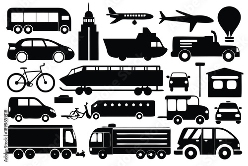 Transportation icons vehicles city travel airplane bus truck car bicycle