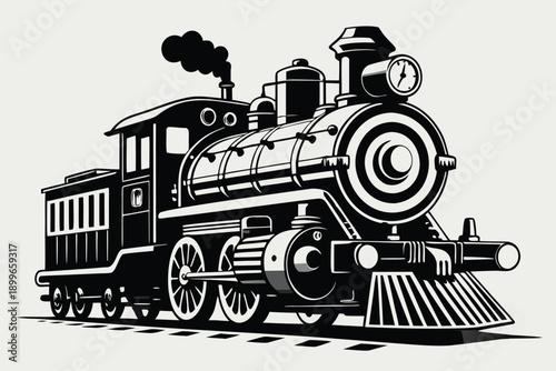 Vintage steam locomotive black and white illustration railroad train transportation travel journey retro classic engine