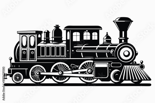 Vintage steam locomotive train black and white illustration railroad transportation retro classic engine