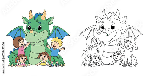 Big Friendly Green Dragon with Four Happy Children, Cute Cartoon Fantasy Creature Playing with Little Boys and Girls, Vector Illustration for Fairy Tale Story