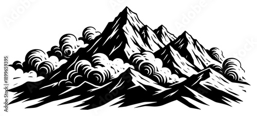 Dramatic black and white mountain peaks with swirling clouds in woodcut style