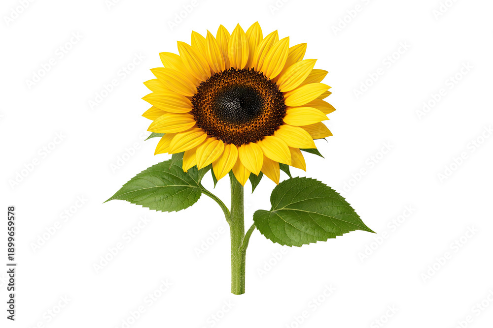 Obraz premium A sunflower with a brown center and yellow petals is shown with green leaves attached to a green stem on a white surface
