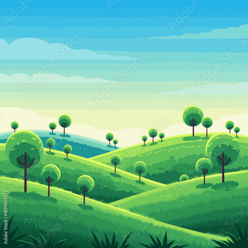 Create a realistic landscape with green grass Green rolling hills with lush grass and scattered trees, creating a peaceful and natural landscape against a bright vector art with background..