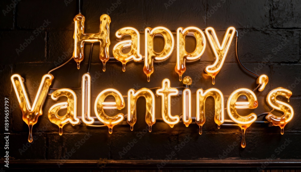 Fototapeta premium Glowing Happy Valentine's neon sign casting warm glow in dim venue on black-brick wall with wires