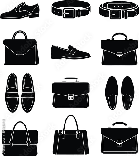 Collection of black leather fashion accessories and footwear