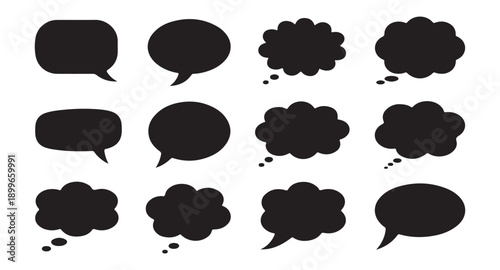 Black speech bubbles and thought balloons vector set, message boxes, communication elements, isolated
