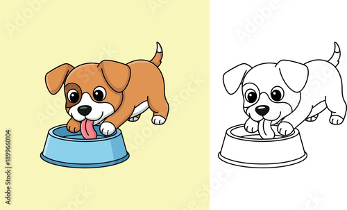 Cute cartoon puppy dog drinking water from a blue bowl vector illustration. Happy brown and white little pet mascot character licking food with tongue out isolated.