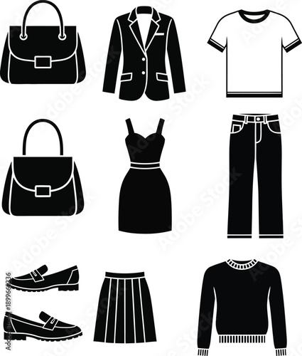 Collection of black fashion clothing and accessories