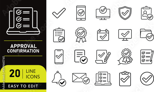 A Collection of 20 Line Icons Representing Approval, Confirmation, and Verification Processes