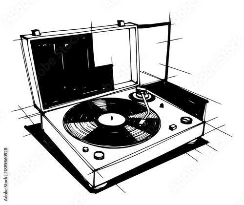 vintage portable turntable with vinyl record hand drawn sketch vector illustration