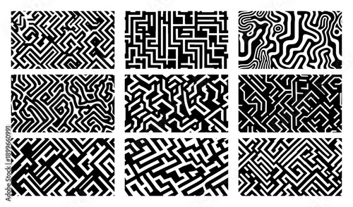 Set of abstract geometric maze patterns and labyrinth textures in black and white style