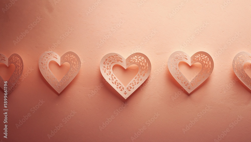 Fototapeta premium Displaying row of five paper-cut hearts casting soft shadows on peach wall, with lacy filigree