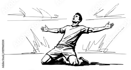 Hand drawn sketch of a soccer player celebrating a goal on his knees with arms wide open