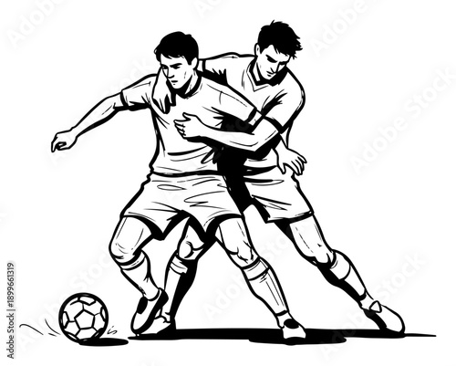 Black and white sketch of two soccer players competing for a ball during a match