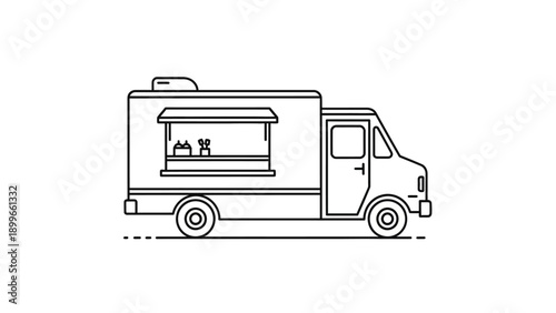 Minimalist line art drawing of a food truck vehicle