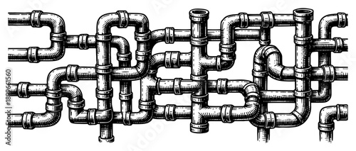 Hand drawn industrial sketch of a complex network of intertwined plumbing pipes