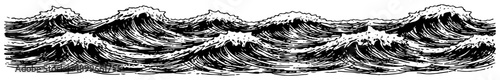 Hand drawn sketch of repetitive ocean waves in vintage etching style