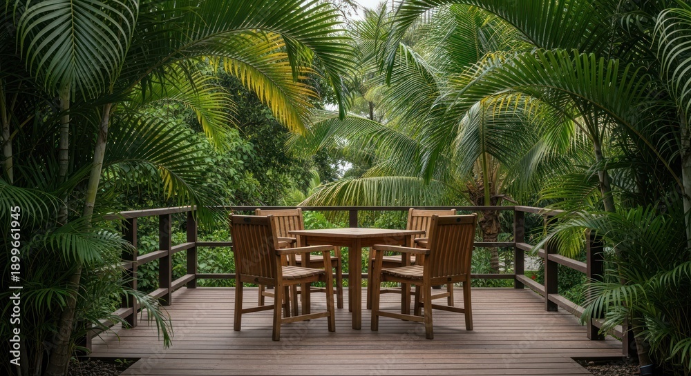 Fototapeta premium Wooden deck with table & chairs surrounded by lush tropical vegetation