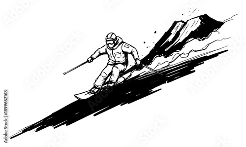Professional skier performing dynamic downhill carving on a snowy mountain slope hand drawn sketch