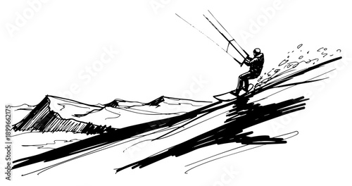 Hand drawn ink sketch of a person snowkiting on a winter mountain slope