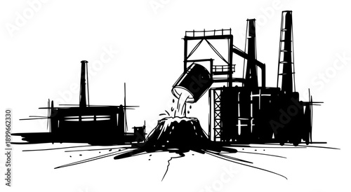 Industrial sketch of a factory scene with molten metal pouring from a ladle in a foundry
