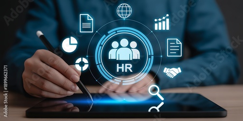 Digital human resources management concept shown with a hand using a tablet, highlighting strategic HR processes and talent acquisition