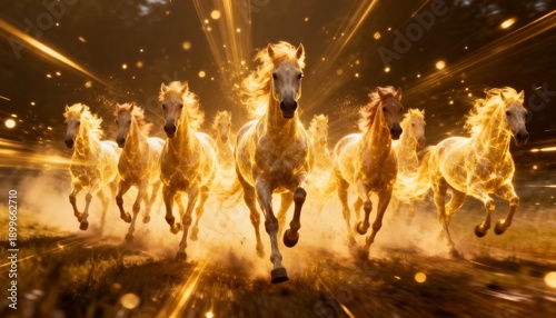 Galloping herd of seven glowing horses charging toward viewer across grassy plain, with dust, light