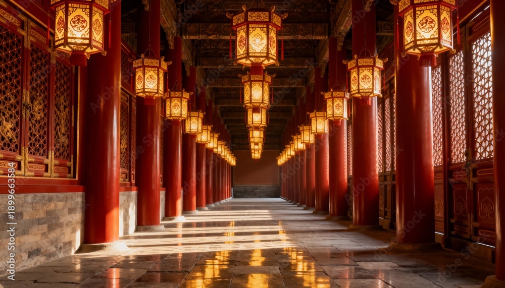 Obraz premium Showing ornate corridor lined with hanging lanterns, red columns and lattice windows in palace