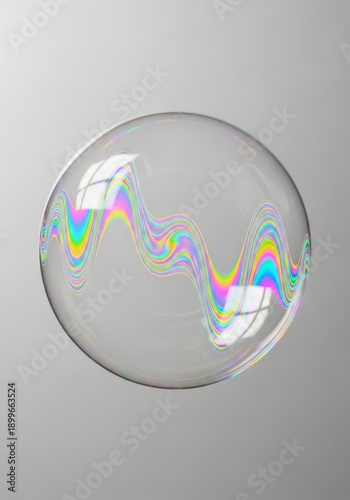 A transparent soap bubble reflecting a vibrant swirling holographic abstract pattern on its surface against a neutral background