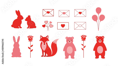 Valentine's Day icons with cute animals and love symbols