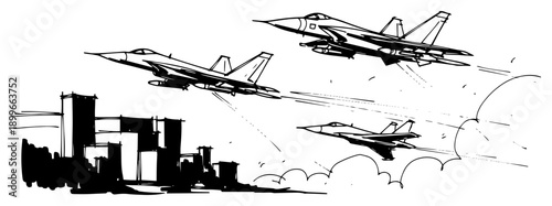 Hand drawn sketch of military fighter jets flying over a city skyline