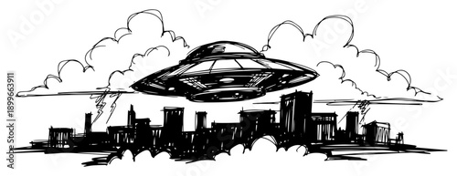 Hand drawn sketch of a UFO flying saucer hovering above a city skyline during a storm