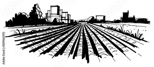 Hand drawn sketch of agricultural fields with furrows and rural buildings in the background