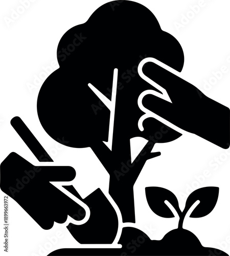 A stylized black-and-white illustration of a hand watering a small plant growing near the base of a tree