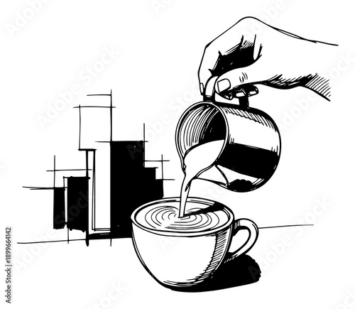 Hand drawn artistic sketch of milk being poured into a cup of coffee to create latte art
