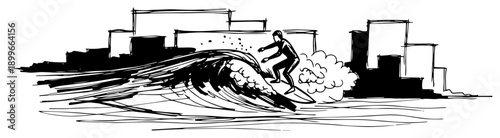 Dynamic action sketch of a surfer riding a big ocean wave near a city coast