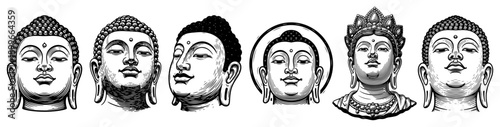 Collection of six detailed line art drawings of Buddha head statues and faces