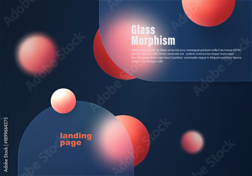 Dark abstract glass morphism background with translucent panels and soft glowing spheres.