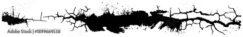 Deep ground crack silhouette with heavy black ink splatters and earthquake damage effects