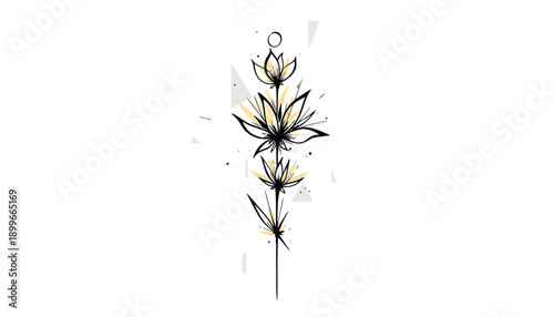 Vector illustration of a stylized metal wind chime with black and gold floral elements, for decoration or design element, Isolated on transparent background, png
