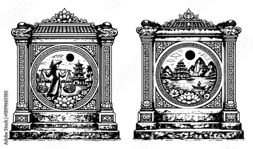 Traditional Asian stone shrines with detailed carvings of rural landscapes and workers in woodcut style