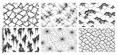 Set of six distressed grunge textures featuring cracked earth shattered glass and weathered patterns