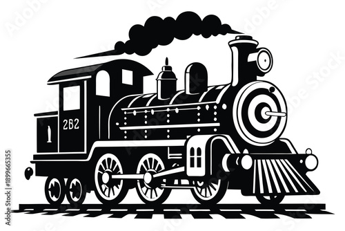 Vintage steam locomotive train black and white illustration retro railroad transportation